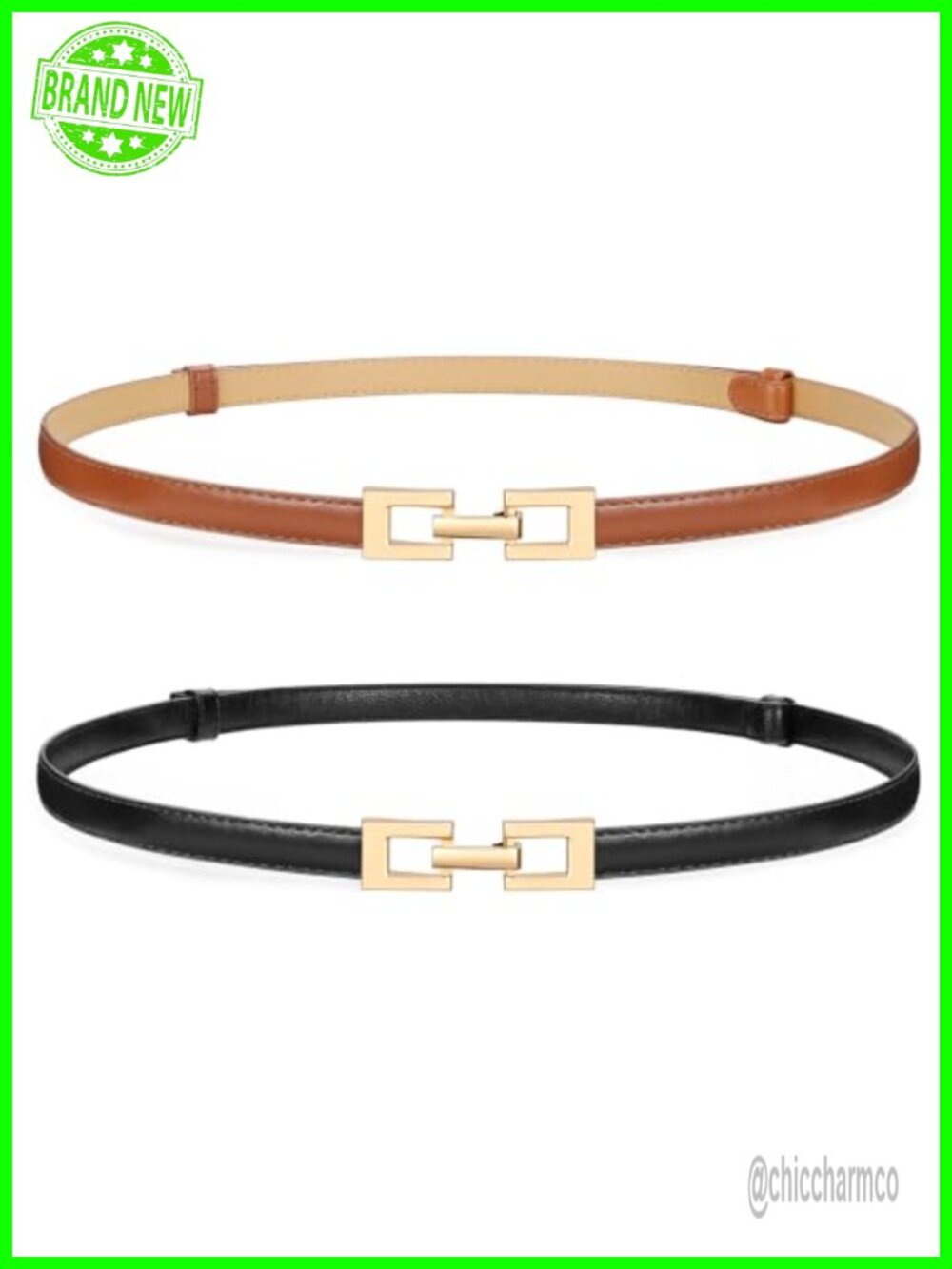 2 Pack Women Skinny Belt PU Leather Gold Buckle Thin Waist Belt for Pants Jeans